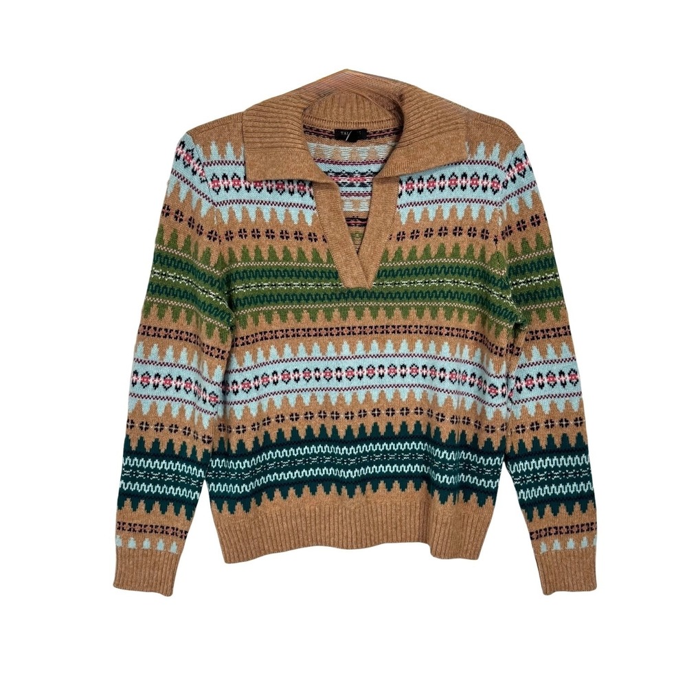 NWT Talbots Johnny Collar‎ Polo Sweater Size M P Brown Fair Isle Preppy Heritage